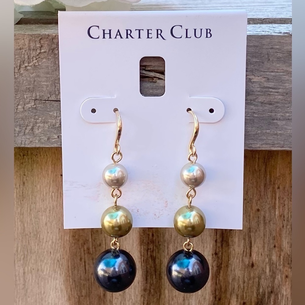 NWT CHARTER CLUB GOLD TONE NAVY, SAGE & GRAY BEAD POST DROP EARRINGS
